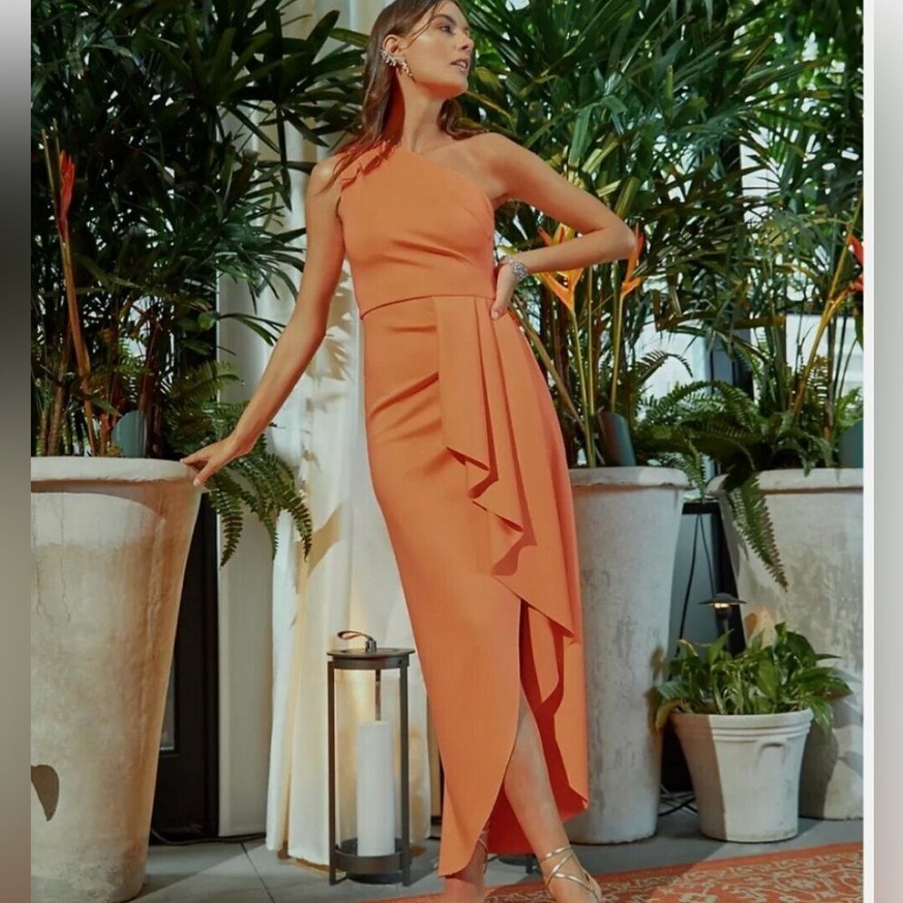 NEW Black Halo Eve By Laurel Regman Orange One Shoulder Ruffle Rex Maxi Gown 0